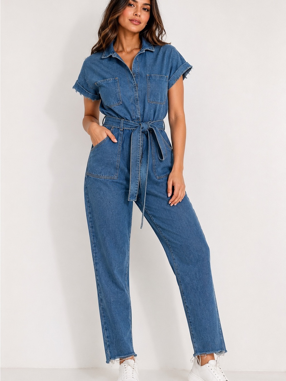 Nasty Gal Midwash Blue Denim Utility Jumpsuit with Tie Belt